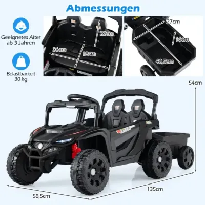 Tractor pentru copii 12V cu Remorcă detașabilă & Telecomanda părinte Electric UTV Negru