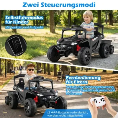 Tractor pentru copii 12V cu Remorcă detașabilă & Telecomanda părinte Electric UTV Negru