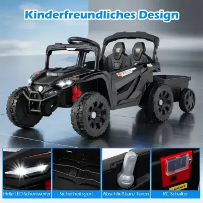 Tractor pentru copii 12V cu Remorcă detașabilă & Telecomanda părinte Electric UTV Negru