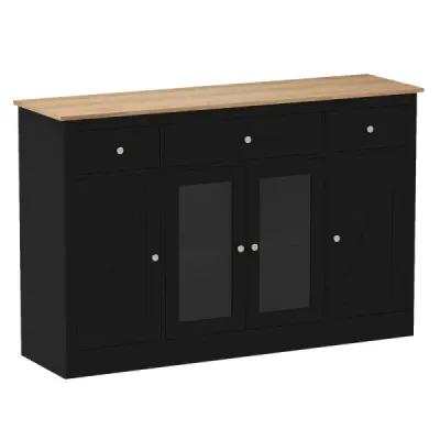 Sideboard cu 3 sertare si 2 usi de sticla si rafturi reglabile Dulap de bucatarie Negru