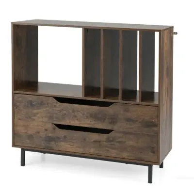 Standuri de înregistrare cu 4 compartimente de vinil & 2 sertare Retro Vinyl suport Rustic Brown