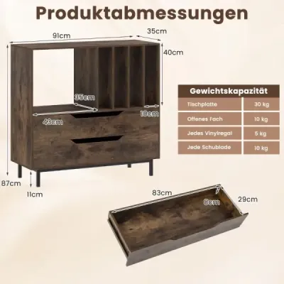 Standuri de înregistrare cu 4 compartimente de vinil & 2 sertare Retro Vinyl suport Rustic Brown