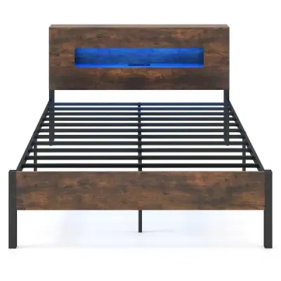 Rama pat cu LED-uri Pat platforma industriala cu cap de stocare 200 x 140 cm Rustic Brown