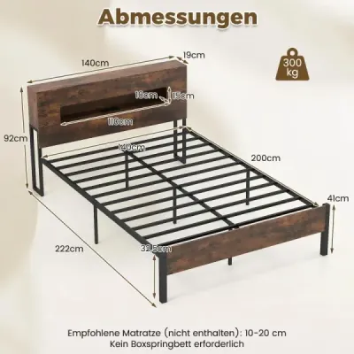 Rama pat cu LED-uri Pat platforma industriala cu cap de stocare 200 x 140 cm Rustic Brown