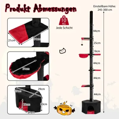 Podeaua la tavan Cat Tree 245-300 cm reglabil 5 etaj zgarieturi copac cu pisica pestera negru