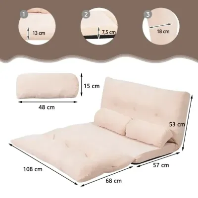 canapea extensibilă pliabil cu 2 perne & backrest 6 etape Scaun de podea reglabil Bej