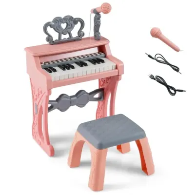 Mini tastatură cu Stool & Music Stand & Microfon 25 Keys Electric Piano Rosa