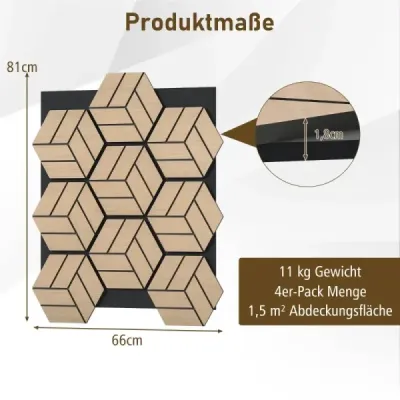 4 panouri acustice pentru pereți cu 9 panouri din lemn hexagonal