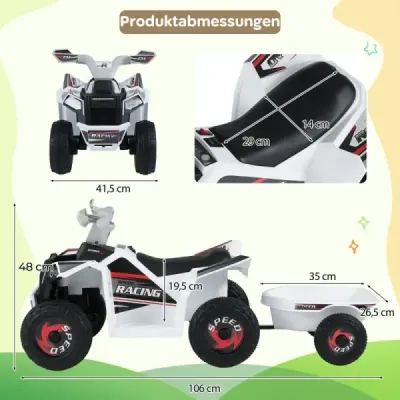 6V Copii ATV electric cu remorcă vehicul electric cu roți rezistente la uzură Alb