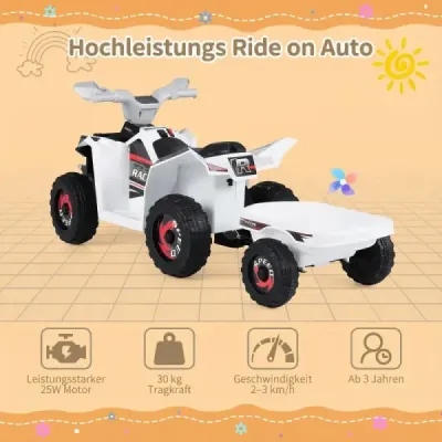 6V Copii ATV electric cu remorcă vehicul electric cu roți rezistente la uzură Alb