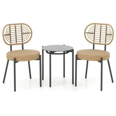 3 piese PE Rattan Outdoor Bistro Set Patio Embossing Set cu canapea de sticlă temperat maro