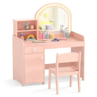 2 din 1 Copii Machiaj Set de masă cu Stool & LED Linings & Mirror & Sertar Masa cosmetice Hellrosa