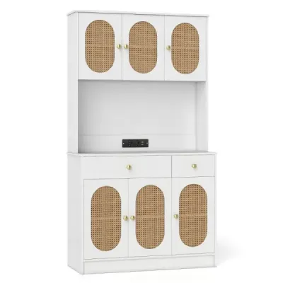 Dulap din bucatarie din lemn cu usi rattan & 2 prize si 2 porturi USB Cabinet Buffet Alb