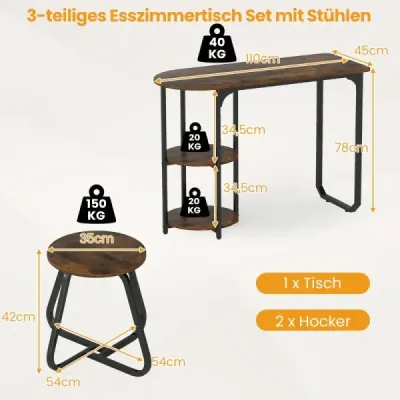 3 bucăţi. Set masa industriala dining cu masa de bucatarie din lemn si 2 scaune Set de bistro salvator Rustikal Brown