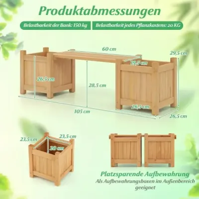 Banc din lemn masiv cu 2 cutii de plante laterale cutie de flori cu bancheta din gradina