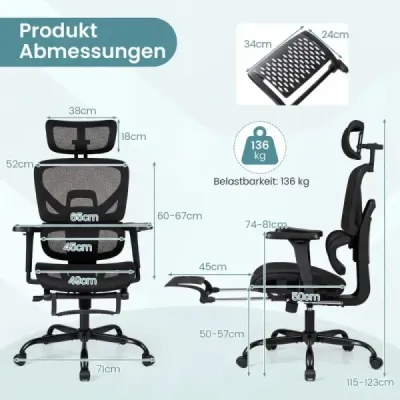 Scaun de birou Mesh cu scaun de birou rotativ & rollable cu suport lombar Negru