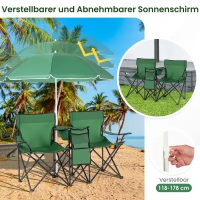 2-Sitzer Scaun de camping cu umbrela Scaun de pescuit pliabil cu sac de transport Scaun pliabil Verde