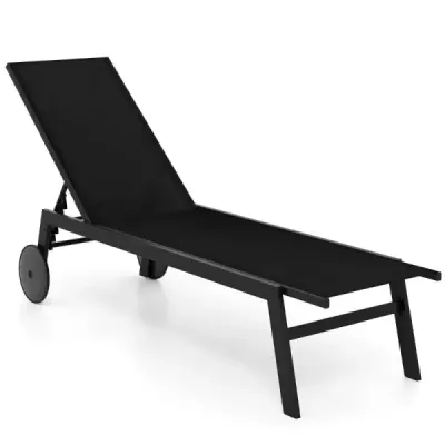 Sun lounger cu canapea cu role de grădină cu spătar reglabil & tesatura de uscare rapidă Negru