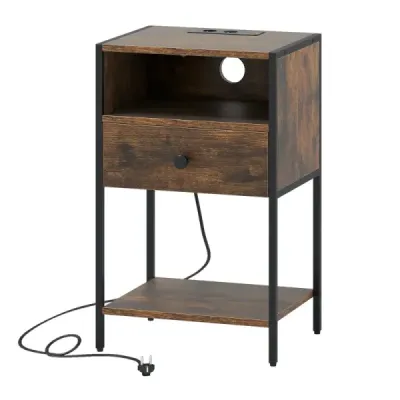 Masa de pat cu stație de încărcare Masa laterală industrială cu compartiment deschis Sertar & raft Rustic Brown