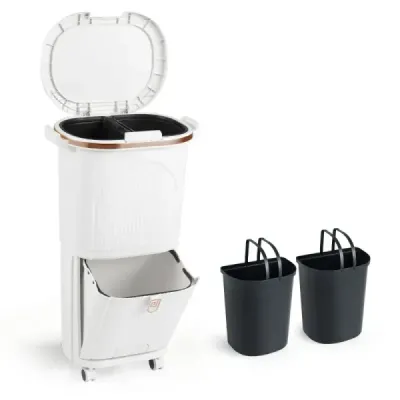 Mașini de bucătărie 38L cu capac & 2 containere detașabile și pedala de picior & roți Alb