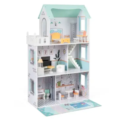 Casa de papusi din lemn cu 17 piese echipamente de mobilier & accesorii scari Dollhouse Green