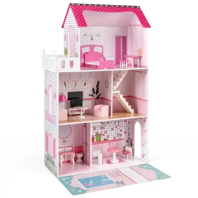 Casa de papusi din lemn cu 17 piese echipamente de mobilier & accesorii scari Dollhouse Rosa