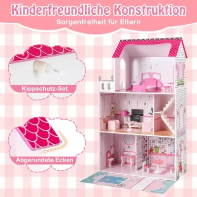 Casa de papusi din lemn cu 17 piese echipamente de mobilier & accesorii scari Dollhouse Rosa