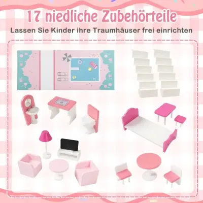 Casa de papusi din lemn cu 17 piese echipamente de mobilier & accesorii scari Dollhouse Rosa