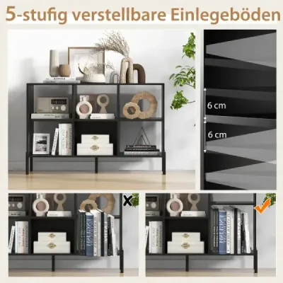 Lookcase cu 6 compartimente și picioare metalice crescute și rafturi reglabile Negru