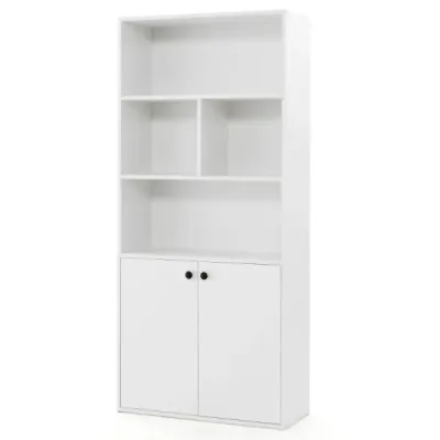 5 etaje bibliotecă cu uși duble 155 cm raft înalt cu compartimente deschise Alb