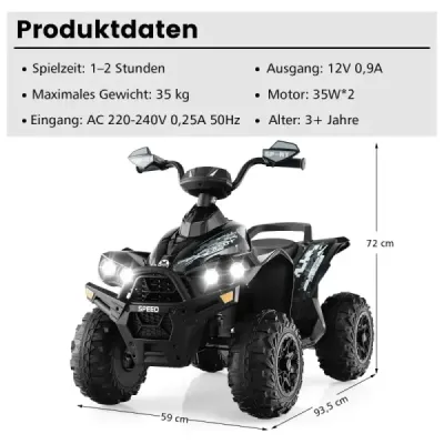 12V quad electric cu corn de muzică și LED far electric pentru copii quad negru