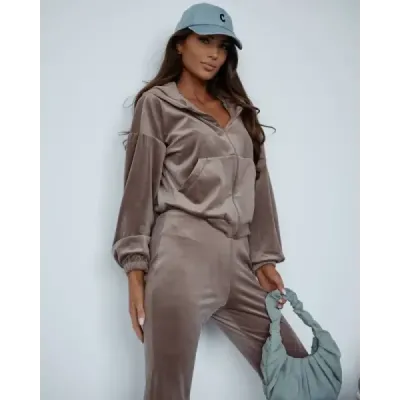 Set de velur din două piese cu pantaloni de clopot Goodlookin cappuccino (82144)