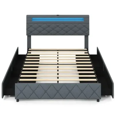 cadru pat dublu cu lumini LED & porturi USB Pat platformă modernă 140 x 200 cm gri