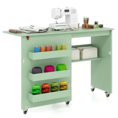 Masă de cusut pliabil Stație de rulare Bastel cu Slot 3 Container mobil ascuns Masă de cusut 118,5 x 40 x 79,5 cm Verde