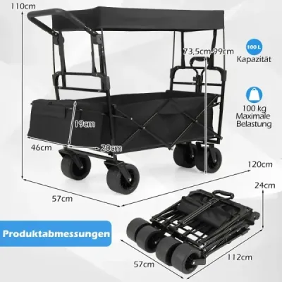 Carucior pliabil cu carucior de transport acoperis cu mânere reglabile Negru