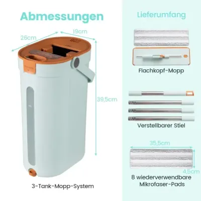 2,4L Sistem Wischmopp & găleată cu funcție de rupere cu 6 seturi de microfibre reutilizabile