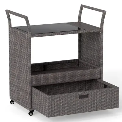Outdoor Rattan Bar Car Rollable Bartresen cu temperat de sticlă Plate Open Slot Brown