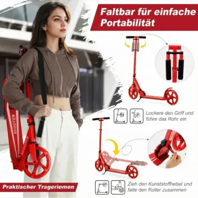 Scooter pliabil cu 100 kg de încărcare Putere & 2 LED-uri Roți Înălțime reglabilă Roller Tretroller roșu