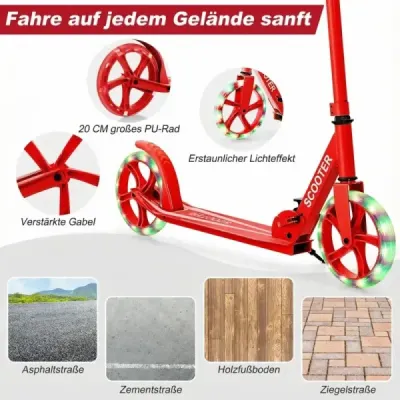 Scooter pliabil cu 100 kg de încărcare Putere & 2 LED-uri Roți Înălțime reglabilă Roller Tretroller roșu