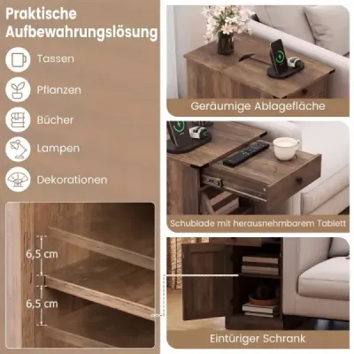 2 setați masa laterală cu stație de încărcare masa de noapte cu pliere sertar de sus Rustic Brown