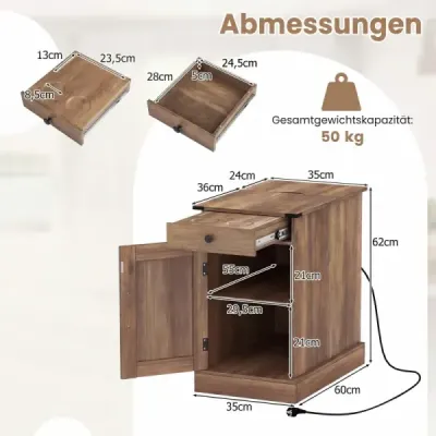 2 setați masa laterală cu stație de încărcare masa de noapte cu pliere sertar de sus Rustic Brown