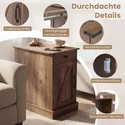 2 setați masa laterală cu stație de încărcare masa de noapte cu pliere sertar de sus Rustic Brown