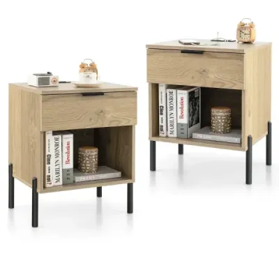 2 set Masă de noapte modernă cu stație de încărcare & sertar și compartiment deschis