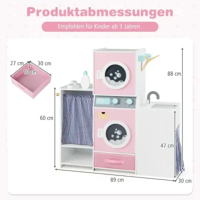 Masina de spalat rufe pentru copii din lemn cu sticla detergent roz