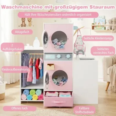 Masina de spalat rufe pentru copii din lemn cu sticla detergent roz