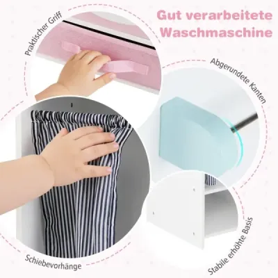 Masina de spalat rufe pentru copii din lemn cu sticla detergent roz