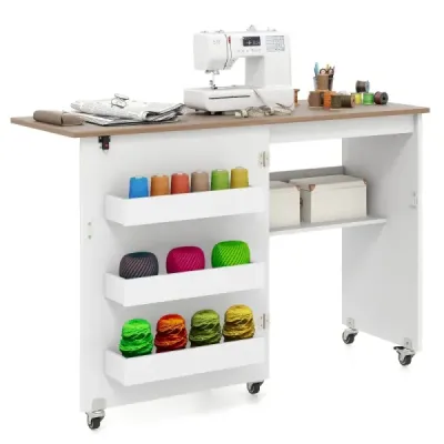 Masă pliabilă de cusut Bastel Station cu Slot 3 Container mobil ascuns Masă de cusut alb 118,5 x 40 x 79,5 cm