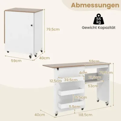 Masă pliabilă de cusut Bastel Station cu Slot 3 Container mobil ascuns Masă de cusut alb 118,5 x 40 x 79,5 cm