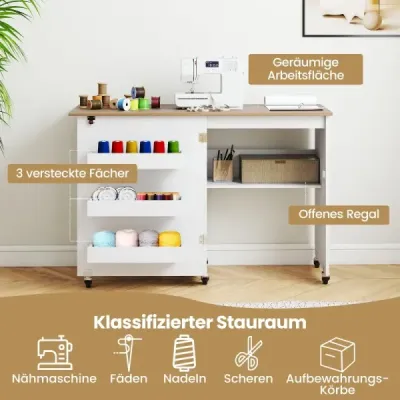 Masă pliabilă de cusut Bastel Station cu Slot 3 Container mobil ascuns Masă de cusut alb 118,5 x 40 x 79,5 cm