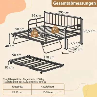 pat de zi de o singură dimensiune cu lumini LED și stație de încărcare cadru canapea extensibil Trundle Black